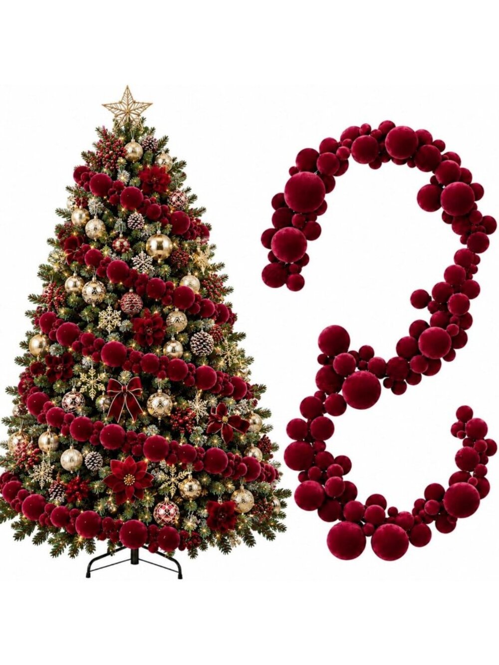 Burgundy Velvet Christmas Ball Ornaments Garland - 9 ft, Set of 2, Holiday Decor
